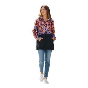 Emerald Rose Womens Geometric‎ Print Quarter Zip Hoodie Black Bottoms Pockets XL
